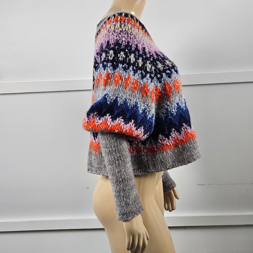 Free People Fair Isle Cropped Wool Blend Sweater Gray Orange Blue Multi L/XL - Picture 6 of 11